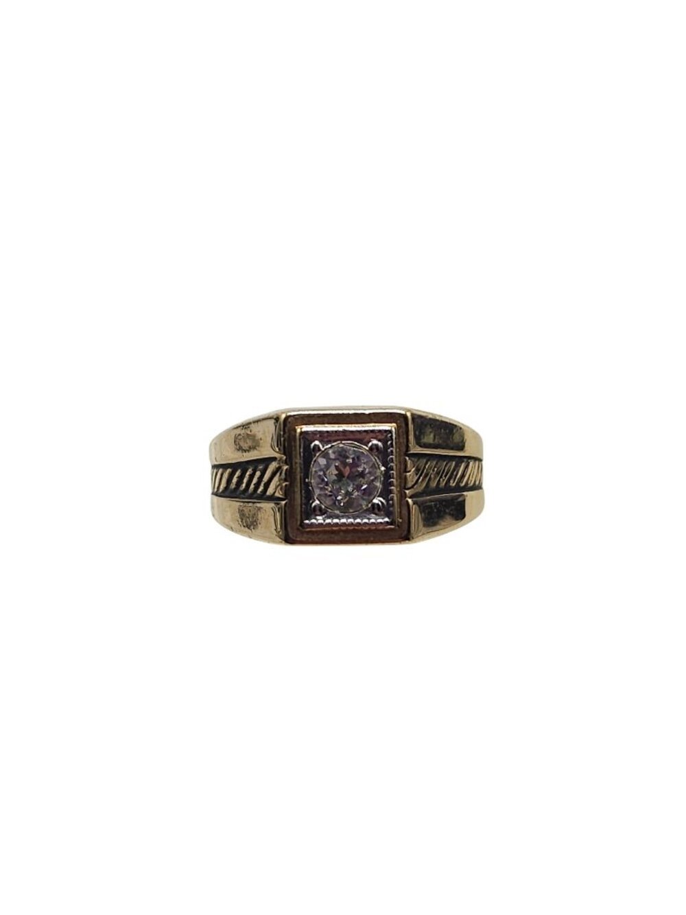 Vintage 18K Gold Electroplated Ring With Cubic Zirconia Etched Design Size 10.5